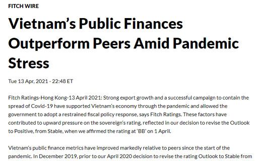 «Les finances publiques du Vietnam surclassent leurs pairs dans un contexte de crise pandémique», selon l'agence de notation financière internationale Fitch Ratings